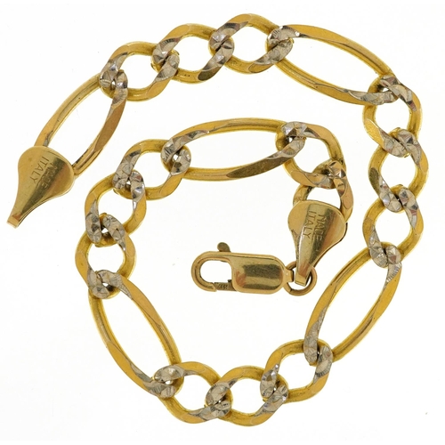 69 - An Italian 10ct two tone gold Figaro link bracelet, 21cm in length, 12.4g.