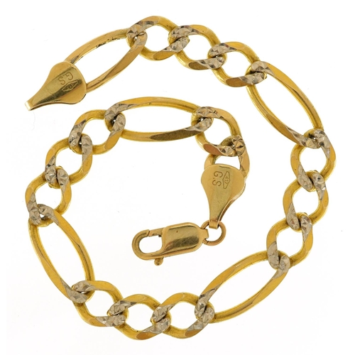 69 - An Italian 10ct two tone gold Figaro link bracelet, 21cm in length, 12.4g.