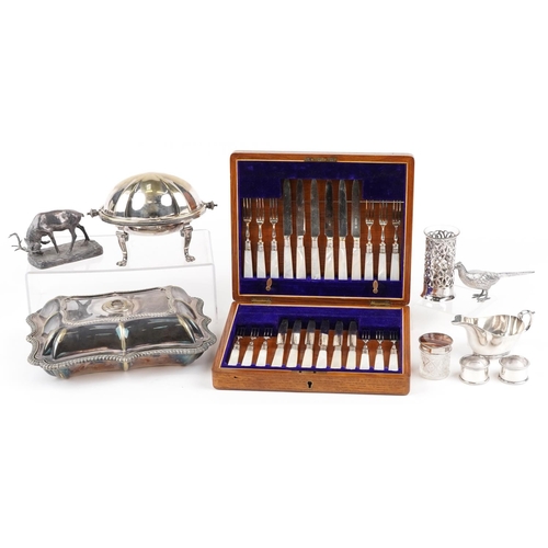 705 - Antique and later silver plated items including a set of twelve fish knives and forks with mother of... 