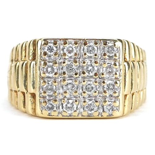 78 - A 9ct gold diamond square cluster ring with watch strap design shank, total diamond weight approxima... 