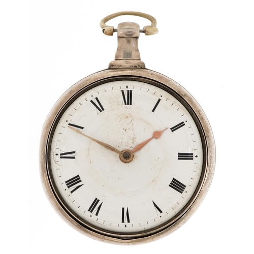 381 - A George III gentlemen's silver pair cased Verge fusée open face pocket watch having enamelled dial ... 