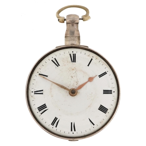 381 - A George III gentlemen's silver pair cased Verge fusée open face pocket watch having enamelled dial ... 