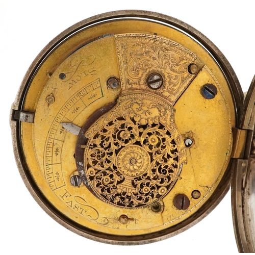 381 - A George III gentlemen's silver pair cased Verge fusée open face pocket watch having enamelled dial ... 