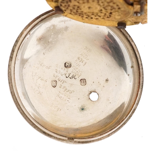 381 - A George III gentlemen's silver pair cased Verge fusée open face pocket watch having enamelled dial ... 