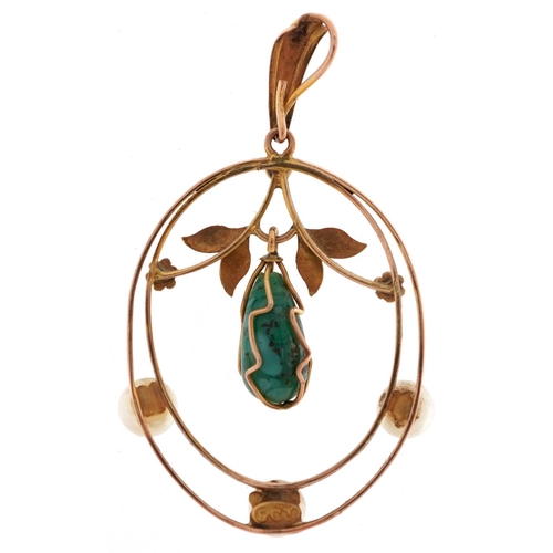 156 - An Edwardian 9ct gold cultured pearl and turquoise openwork pendant, 4cm high, 2.2g.