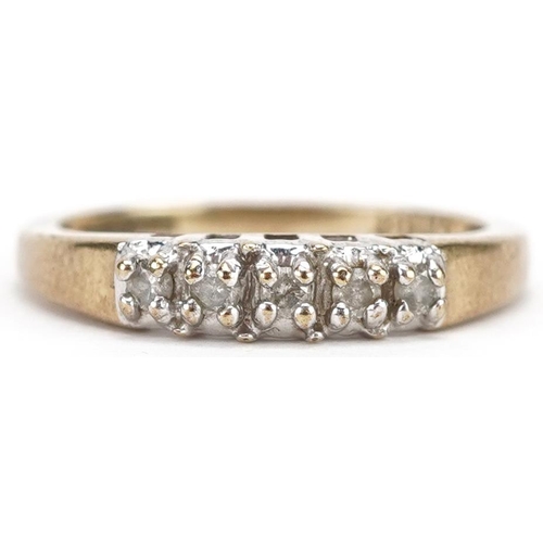 342 - A 9ct gold diamond five stone ring, total diamond weight approximately 0.11ct, size J, 1.6g.