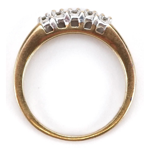 342 - A 9ct gold diamond five stone ring, total diamond weight approximately 0.11ct, size J, 1.6g.