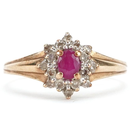 442 - A 9ct gold ruby and diamond cluster ring, size L, 2.3g.