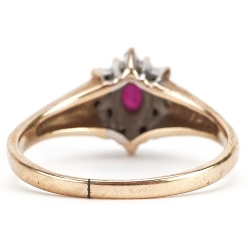 442 - A 9ct gold ruby and diamond cluster ring, size L, 2.3g.