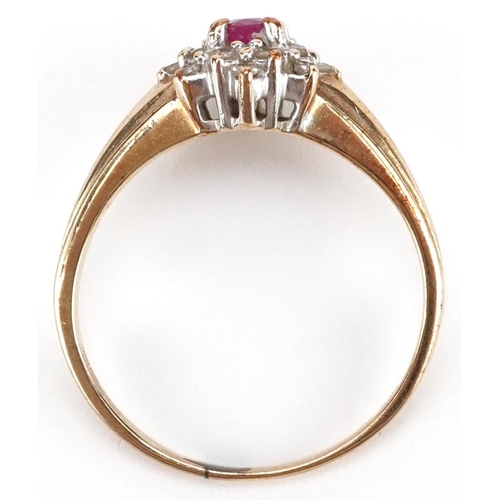 442 - A 9ct gold ruby and diamond cluster ring, size L, 2.3g.