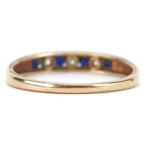 376 - A 9ct gold blue spinel and cubic zirconia seven stone half eternity ring, size P/Q, 1.6g.