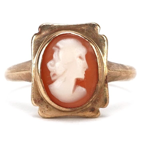 383 - An 9ct gold cameo shell ring carved with a maiden head, size L, 2.8g.