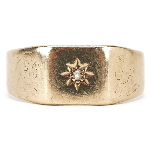 408 - A 9ct gold diamond signet ring, size Q, 2.9g.