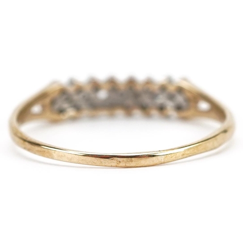 195 - A 9ct gold three row diamond ring, size Q/R, 1.4g.