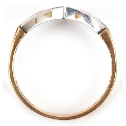 2193 - A 9ct two tone gold diamond wishbone ring, size L, 1.6g.