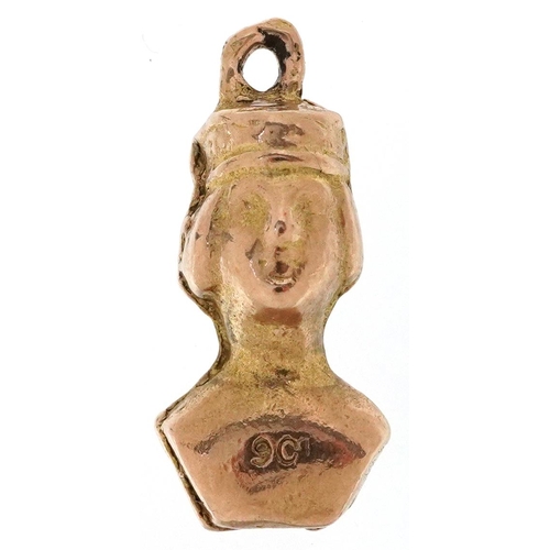 2327 - A 9ct gold charm in the form of a bust of a female, 2cm high, 3.1g.