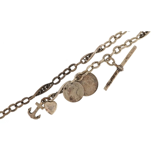 2164 - An antique silver watch chain with T bar and charms, 37cm in length, 34.7g.