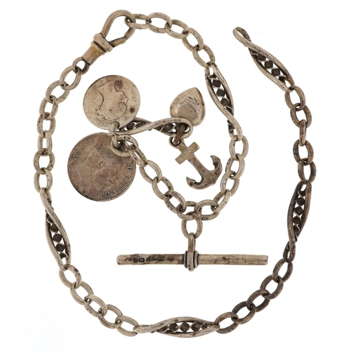 2164 - An antique silver watch chain with T bar and charms, 37cm in length, 34.7g.