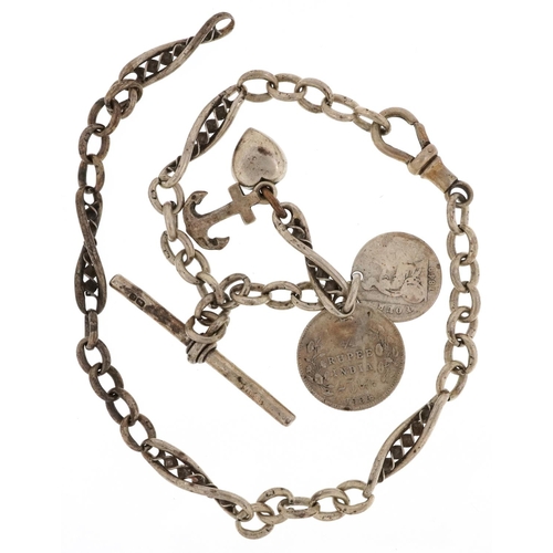 2164 - An antique silver watch chain with T bar and charms, 37cm in length, 34.7g.