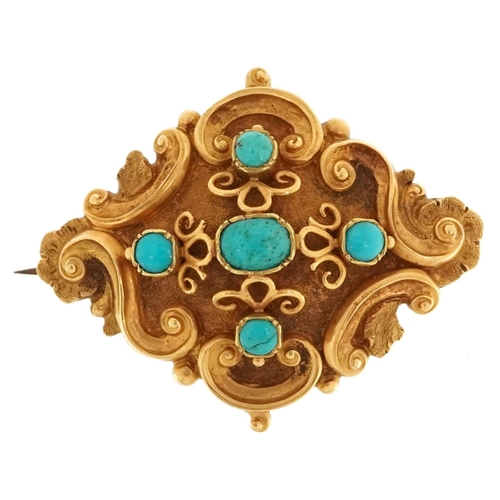 2013 - A Victorian unmarked gold brooch set with turquoise cabochons, 4cm wide, 8.7g.