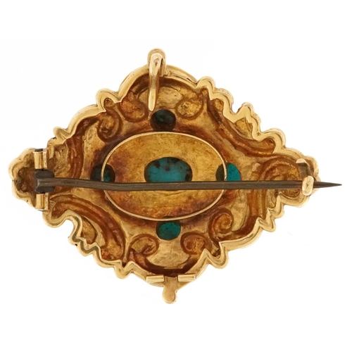 2013 - A Victorian unmarked gold brooch set with turquoise cabochons, 4cm wide, 8.7g.