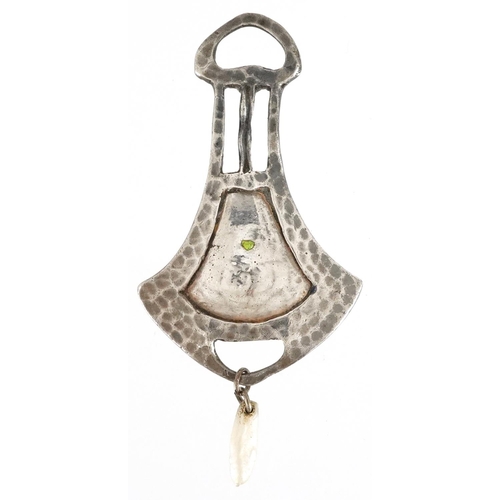 2524 - An Arts & Crafts unmarked silver pendant with cultured pearl drop, 5.5cm high, 4.6g.