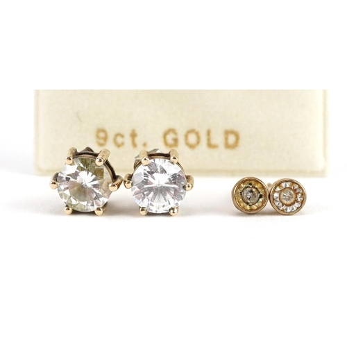 2502 - Three pairs of 9ct gold stud earrings set with diamonds and cubic zirconia, the largest 6.8mm in dia... 