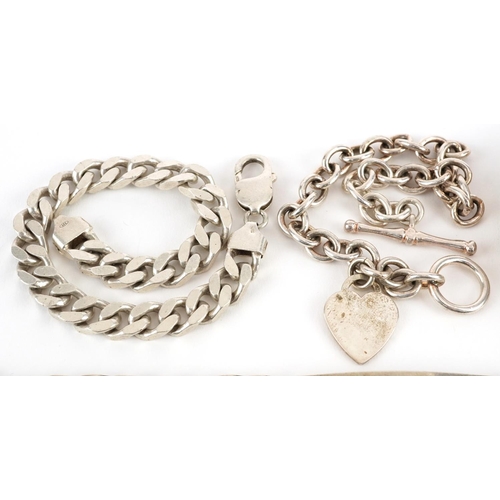 2542 - Four silver bracelets including a heavy unengraved identity bracelet and a Tiffany design love heart... 