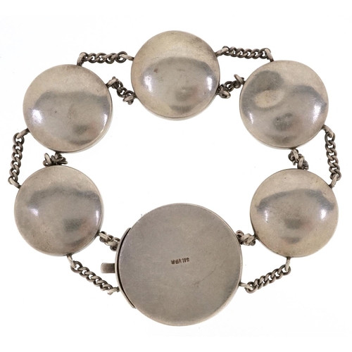  A Japanese silver and Satsuma pottery bracelet hand painted with Geishas and quails.