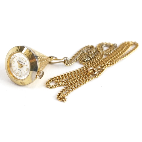 2213 - Eurastyle, ladies gold plated manual wind fob watch on a gold plated necklace, the dial 14mm in diam... 