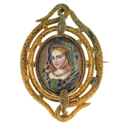 An antique serpent design gilt metal and enamel brooch, finely hand painted with a young female, 5cm high, 17.7g.