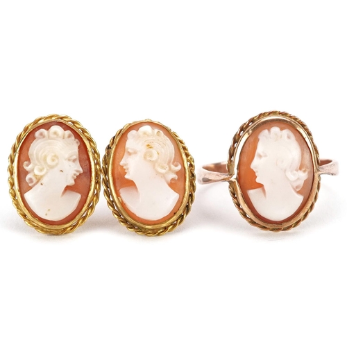 An unmarked gold cameo shell ring carved with a maiden head and pair of yellow metal cameo earrings, the ring size P, total 6.6g.