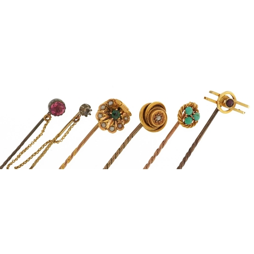 2369 - Five antique and later gold and yellow metal stick pins set with assorted stones including diamond, ... 