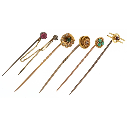 2369 - Five antique and later gold and yellow metal stick pins set with assorted stones including diamond, ... 