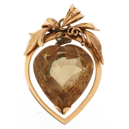 2192 - A broken 9ct gold love heart citrine pendant, 3cm high, weighable gold 2.8g, total weight 5.2g.