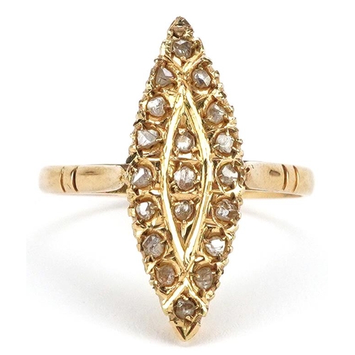 2004 - An unmarked gold diamond marquis cluster cocktail ring, the ring head approximately 25mm x 9.5mm, si... 