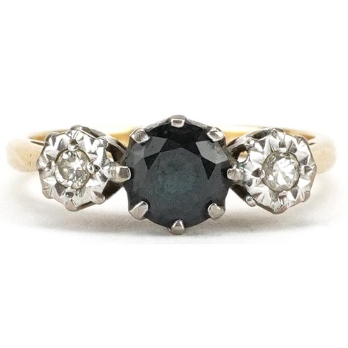 2021 - An 18ct gold sapphire and diamond three stone ring, the sapphire approximately 6.0mm in diameter, si... 