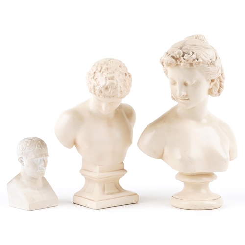 1334 - A group of three late 20th century resin portrait busts of classical figures, the largest 35cm high.