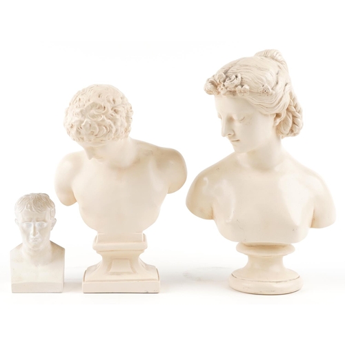 1334 - A group of three late 20th century resin portrait busts of classical figures, the largest 35cm high.