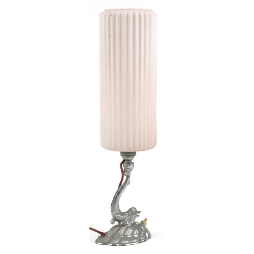 352 - An Art Deco plated table lamp in the form of a dolphin with opaline glass shade, 46cm high.