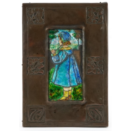 114 - A small early 20th century continental Arts & Crafts copper and enamelled wall plaque, 14cm x 9.5cm.