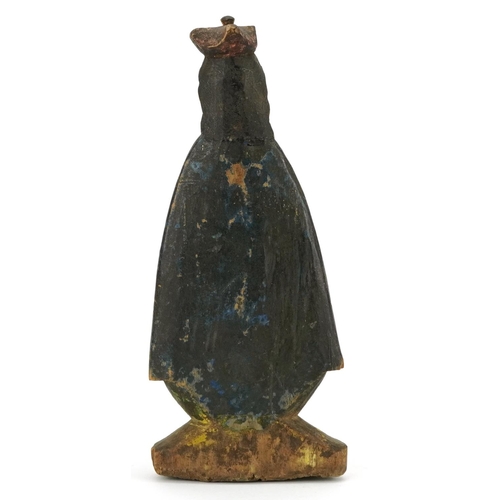 15 - An 18th century ecclesiastical carved and painted wooden figure of Mary praying, 24cm high.