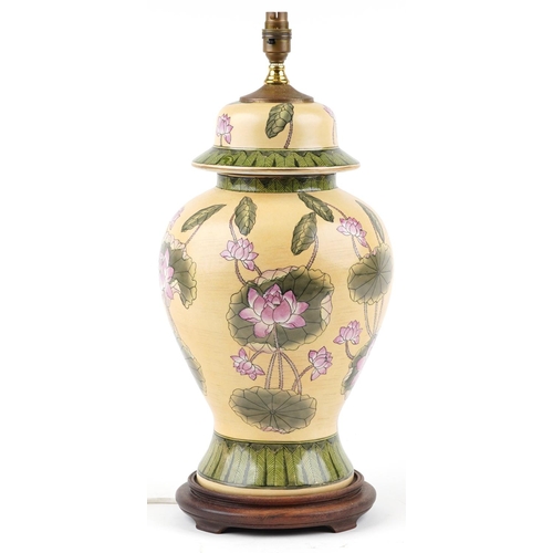 1247 - A large Chinese porcelain baluster vase table lamp hand painted with flowering lilies, 48cm high exc... 