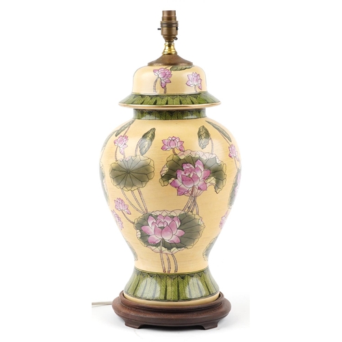 1247 - A large Chinese porcelain baluster vase table lamp hand painted with flowering lilies, 48cm high exc... 