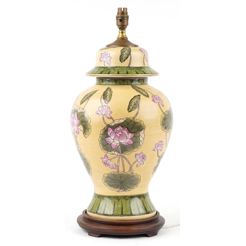 1247 - A large Chinese porcelain baluster vase table lamp hand painted with flowering lilies, 48cm high exc... 