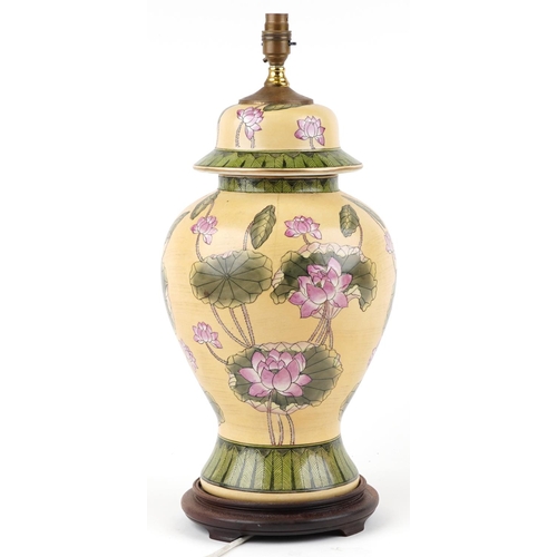 1247 - A large Chinese porcelain baluster vase table lamp hand painted with flowering lilies, 48cm high exc... 