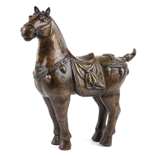 54 - A large Chinese bronze partially gilt study of a Tang horse, 39cm high, approximately 8.5kg