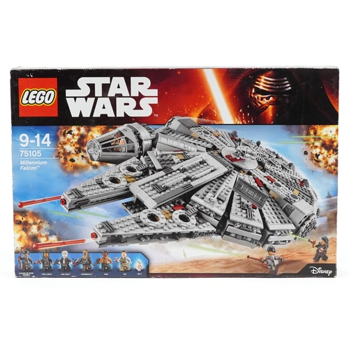 596 - A Star Wars Lego Millennium Falcon space vehicle with figures numbered 75105, with box.