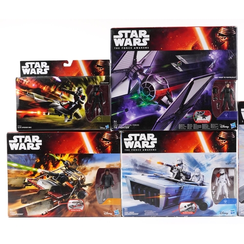 599 - Five as new Star Wars The Force Awakens collectables comprising a Desert Land Speeder, First Order S... 