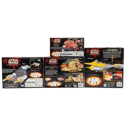 593 - Four Star Wars Episode One collectables comprising an Opee and Qui-Gon Jinn, Trade Federation Tank, ... 